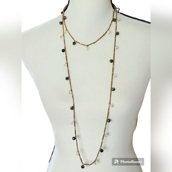 Vintage Gold Lucite floating beaded bar link double necklace - Picture 5 of 14